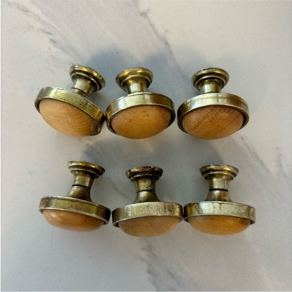 SET of SIX brass and wood drawer knobs pulls round handles brass wood inset knob - Picture 4 of 12